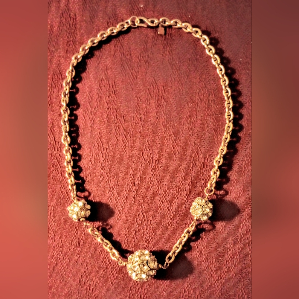 Elegant Gold Necklace By Kenneth Lane, 20". 3 Crystal Adorned Globes Two3/4 & 1"